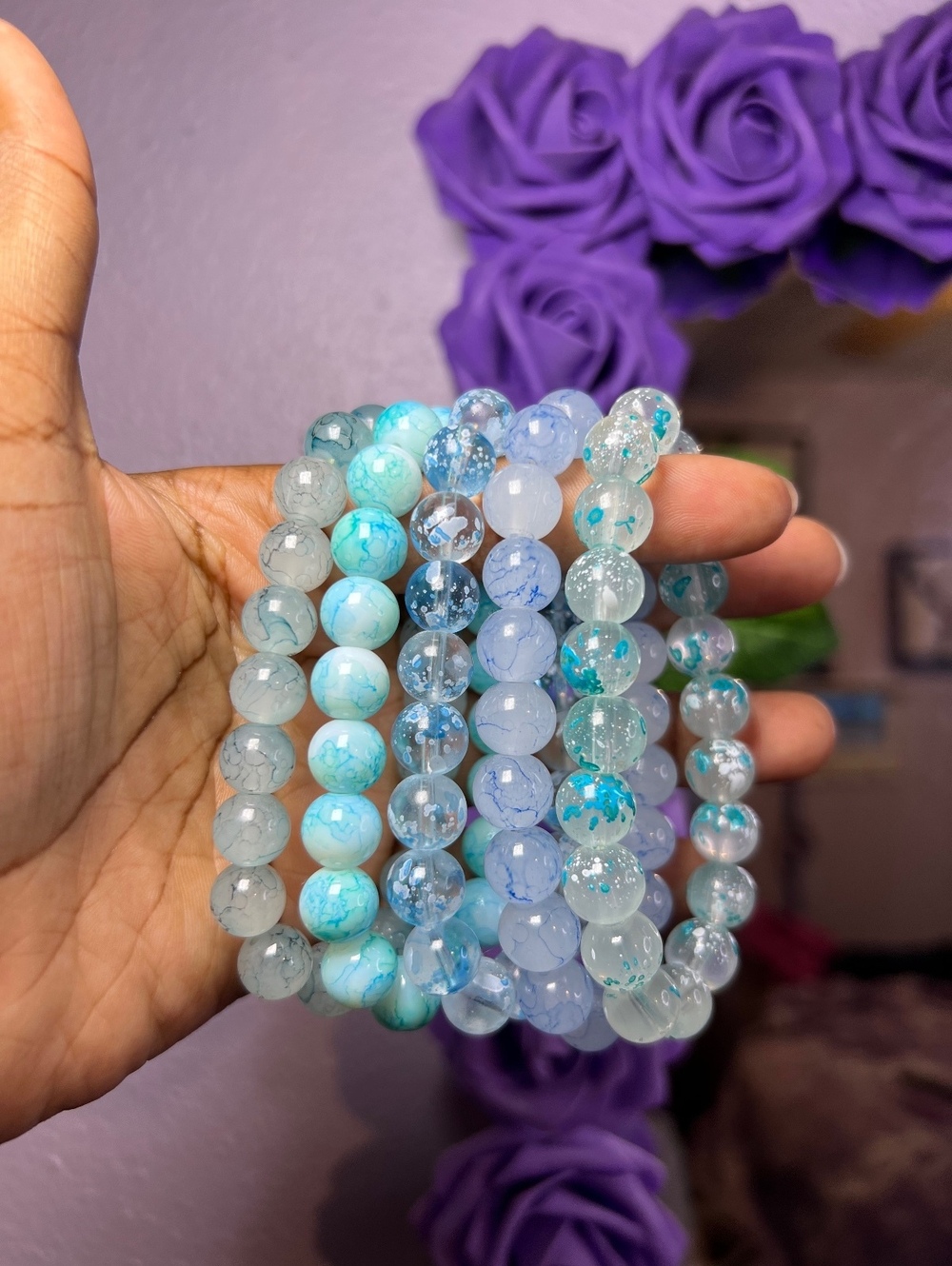 5pc Blue Glass Beaded Stretch Bracelet Set